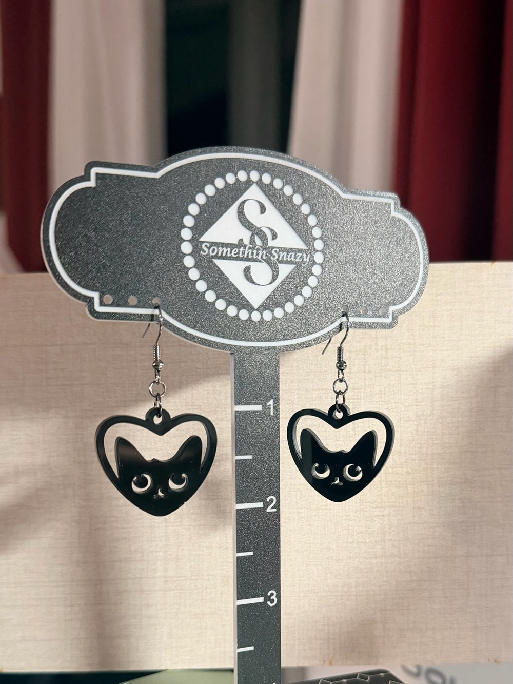 Hand Crafted Black Cat heart earrings hypoallergenic hooks NEW made to order - Picture 3 of 3
